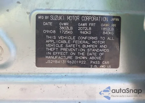 2009 Suzuki Sx4 Technology z USA, uszkodzony, nr VIN JS2YB413196201922